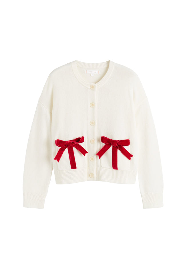 Cream Wool-Cashmere Velvet Bow Cardigan image 4
