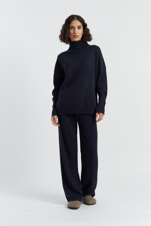 Navy Pure Cashmere Wide-Leg Pants image 1