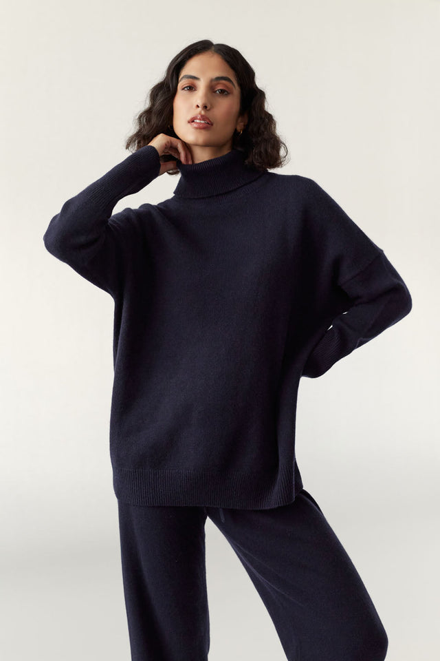 Navy Pure Cashmere Rollneck Sweater image 2