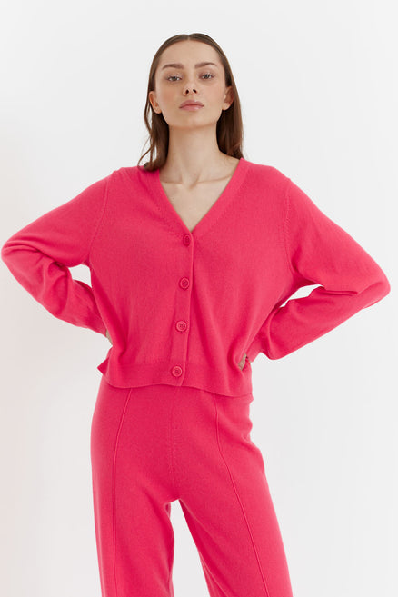 Bright-Coral Wool-Cashmere Cropped Cardigan