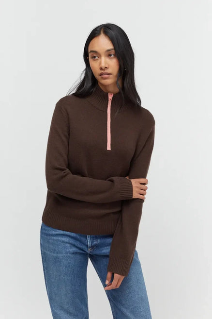 Chocolate Wool-Cashmere Quarter Zip Jumper