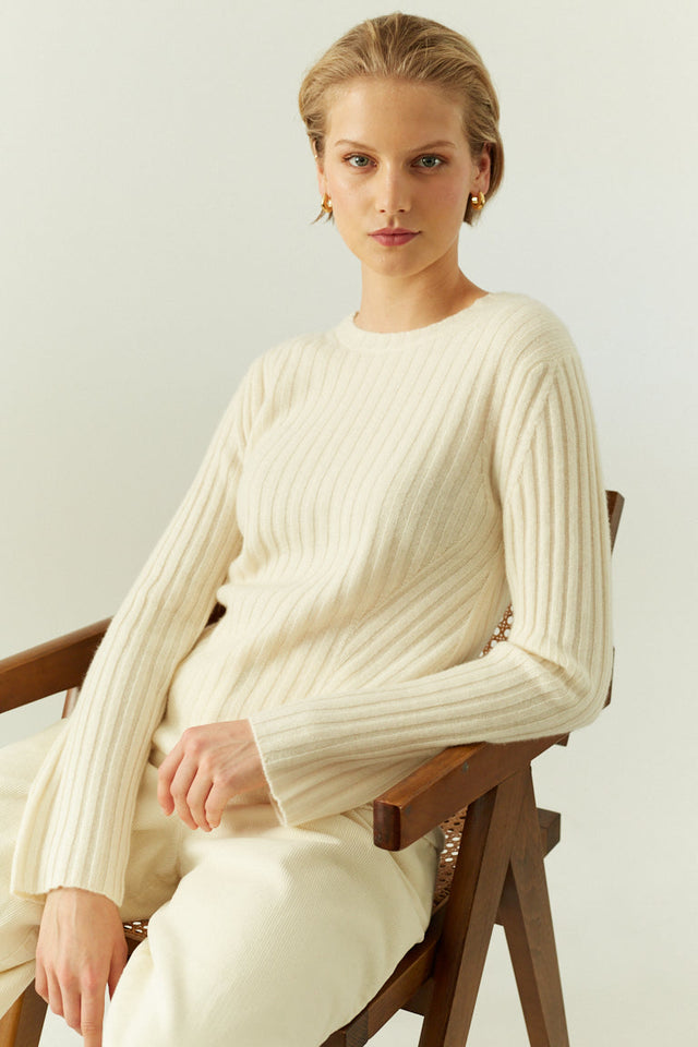 Cream Pure Cashmere Slim Ribbed Sweater image 4