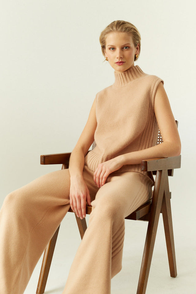 Warm-Beige Pure Cashmere Side Rib Trousers image 5