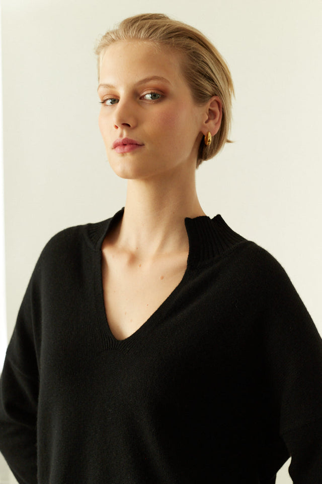 Black Pure Cashmere V-Neck Funnel Sweater image 1
