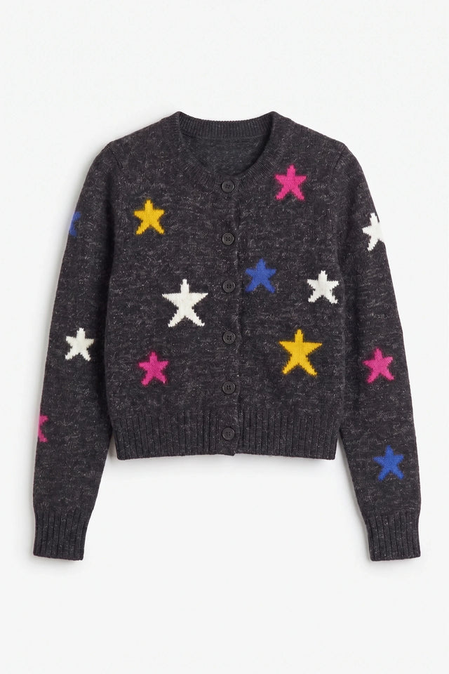 Black Wool-Cashmere Star Round-neck Cardigan image 3
