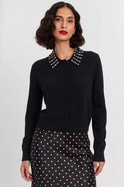 Black Wool-Cashmere Jewel-Neck Cardigan