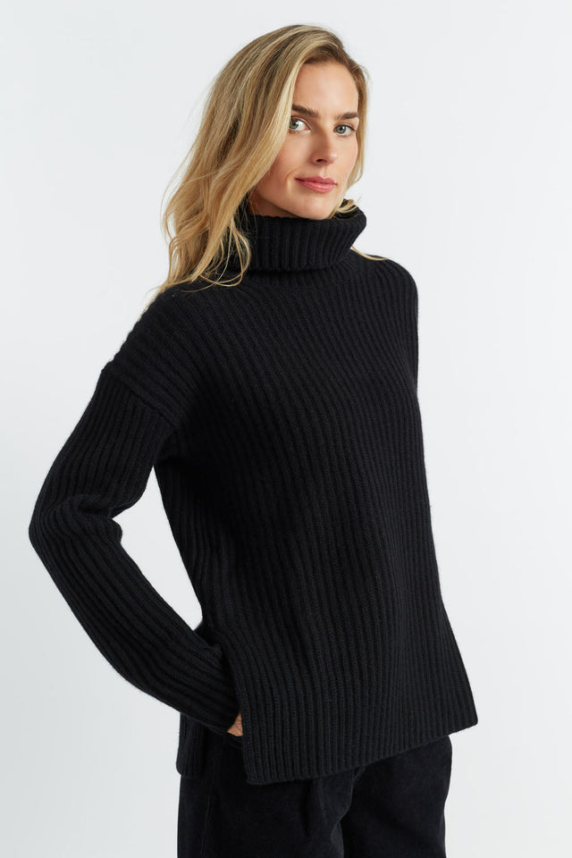 Navy Rib-Knit Cashmere Rollneck Sweater image 4