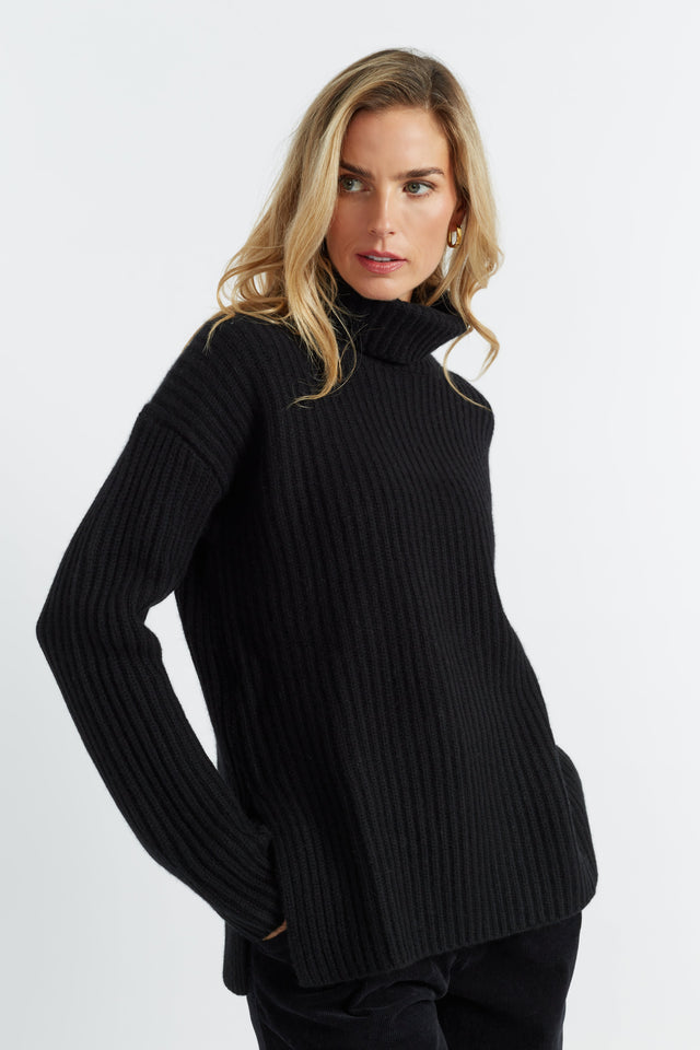 Navy Rib-Knit Cashmere Rollneck Sweater image 1
