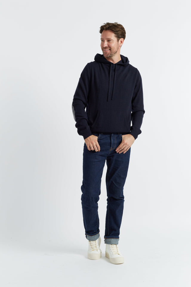 Navy Wool-Cashmere Elbow Patch Men's Hoodie image 4