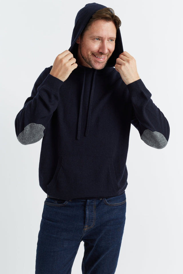 Navy Wool-Cashmere Elbow Patch Men's Hoodie image 1