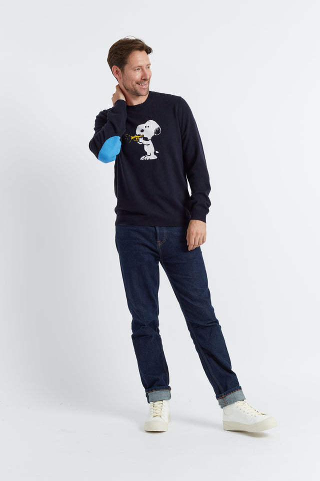 Navy Wool-Cashmere Men's Elbow Patch Snoopy Sweater image 1