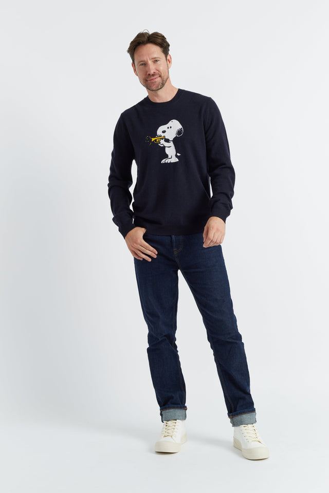 Navy Wool-Cashmere Men's Elbow Patch Snoopy Sweater image 4
