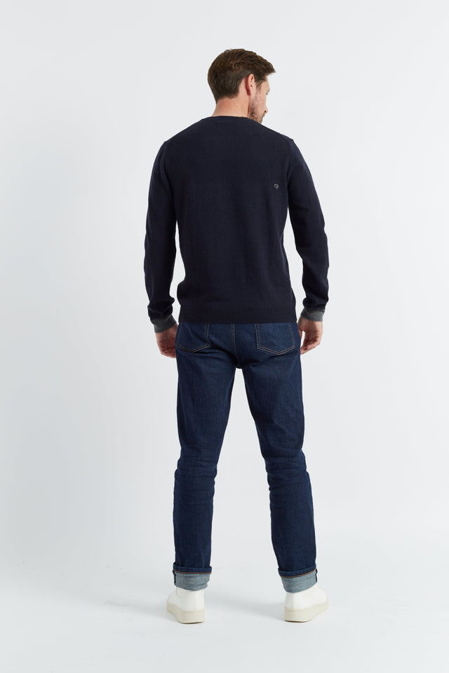 Navy Wool-Cashmere Contrast Cuff Men's Sweater image 3