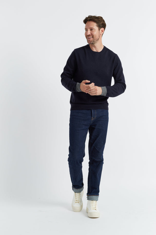 Navy Wool-Cashmere Contrast Cuff Men's Sweater image 4