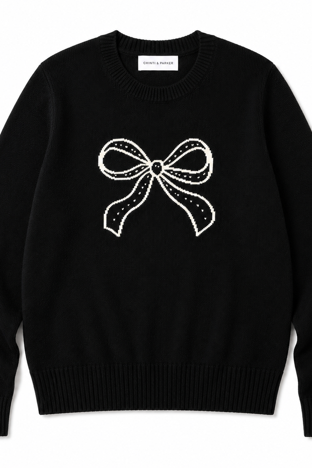 Black Wool-Cashmere Bow Embroidered Sweater image 4
