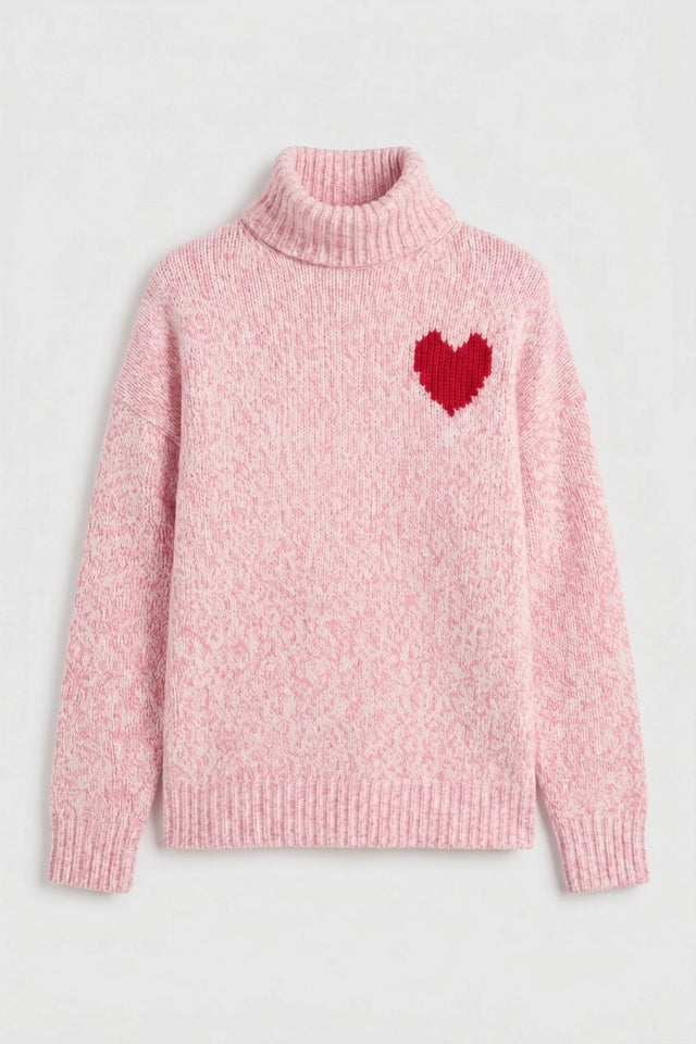 Salmon-Melange Merino Heart Rollneck Sweater image 5