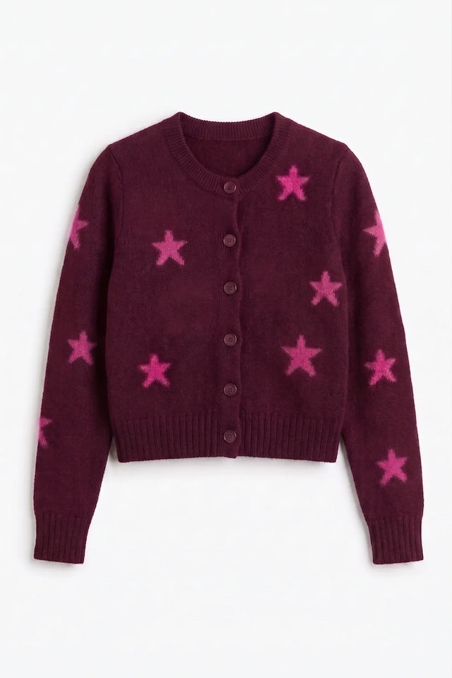 Aubergine Wool-Cashmere Star Round-neck Cardigan image 5