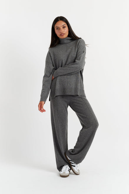 Grey Wool-Cashmere Wide-Leg Track Pants