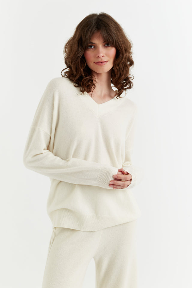 Cream Pure Cashmere V-Neck Sweater image 1