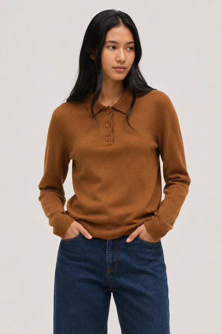 Toffee Wool-Cashmere Polo Sweater