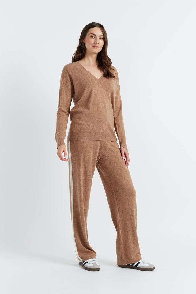 Womens Knitted Wide-Leg Track Pants Chinti And Parker Camel Wool-Cashmere Contrast Striped Size XS-3L image 1