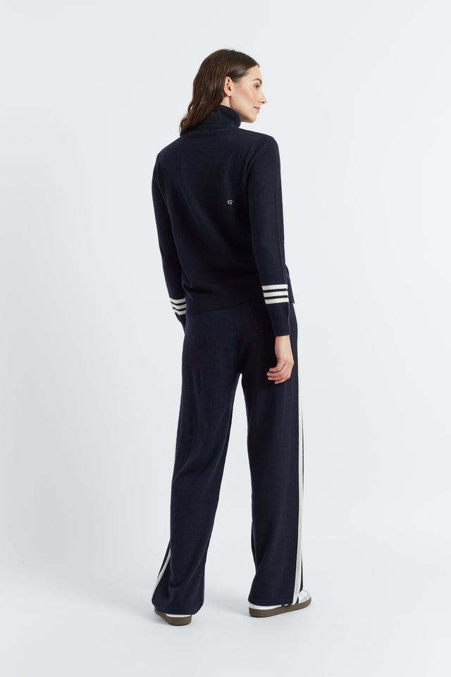 Women's Wide-Leg Track Pants Chinti and Parker Navy Wool-Cashmere Contrast Striped Size XS-3L image 3