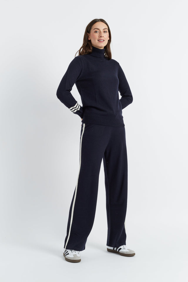 Women's Wide-Leg Track Pants Chinti and Parker Navy Wool-Cashmere Contrast Striped Size XS-3L image 1