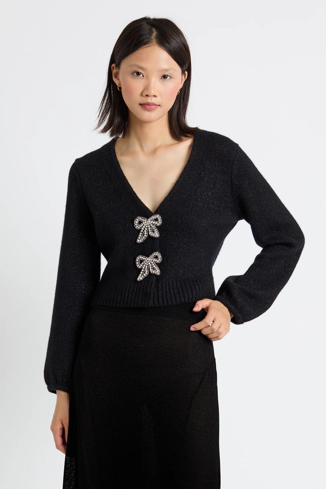 Black Wool-Cashmere Embellished Bow Cardigan image 1