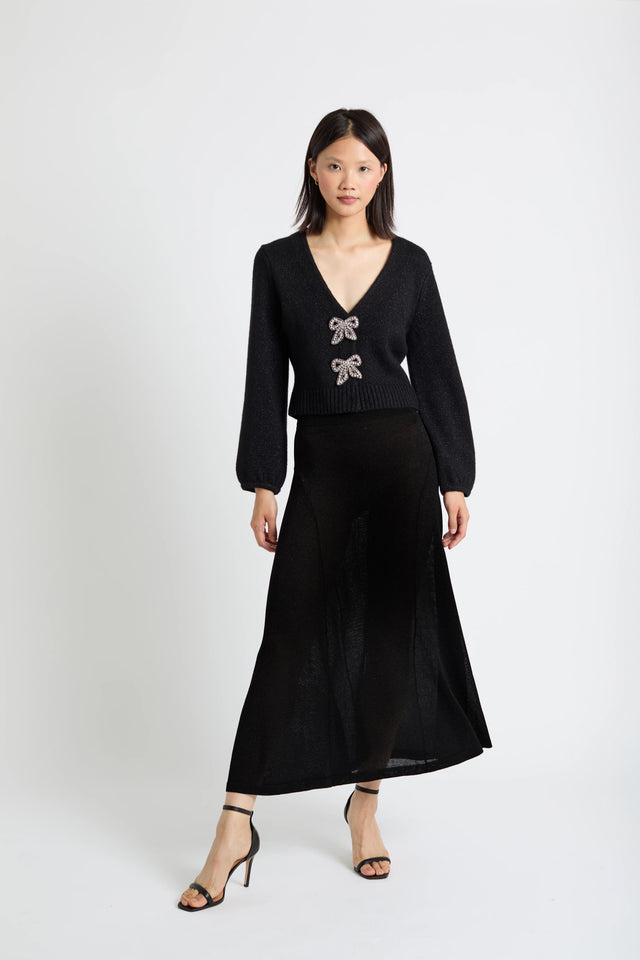 Black Wool-Cashmere Embellished Bow Cardigan image 2