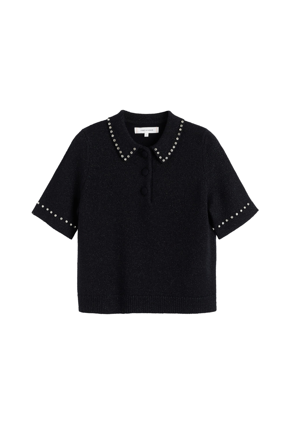 Black Wool-Cashmere Diamonte Polo Top