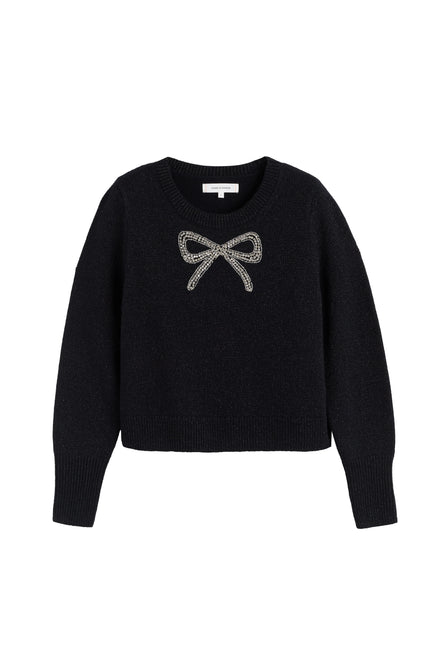 Black sweater with a bow design on a white background