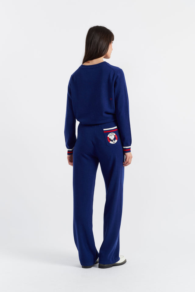 Blue Wool-Cashmere Snoopy Nautical Wide-Leg Track Pants image 1