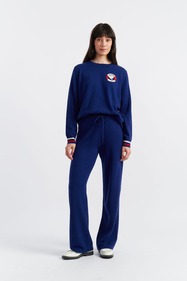 Blue Wool-Cashmere Snoopy Nautical Wide-Leg Track Pants image 3