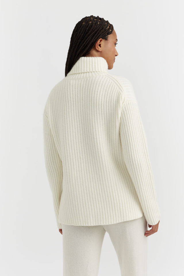 Cream Rib-Knit Cashmere Rollneck Sweater image 3