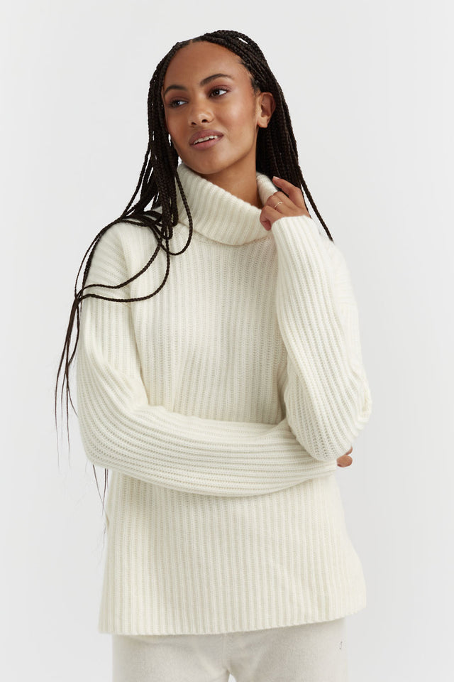 Cream Rib-Knit Cashmere Rollneck Sweater image 1