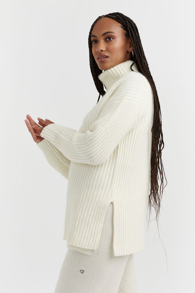 Cream Rib-Knit Cashmere Rollneck Sweater image 4