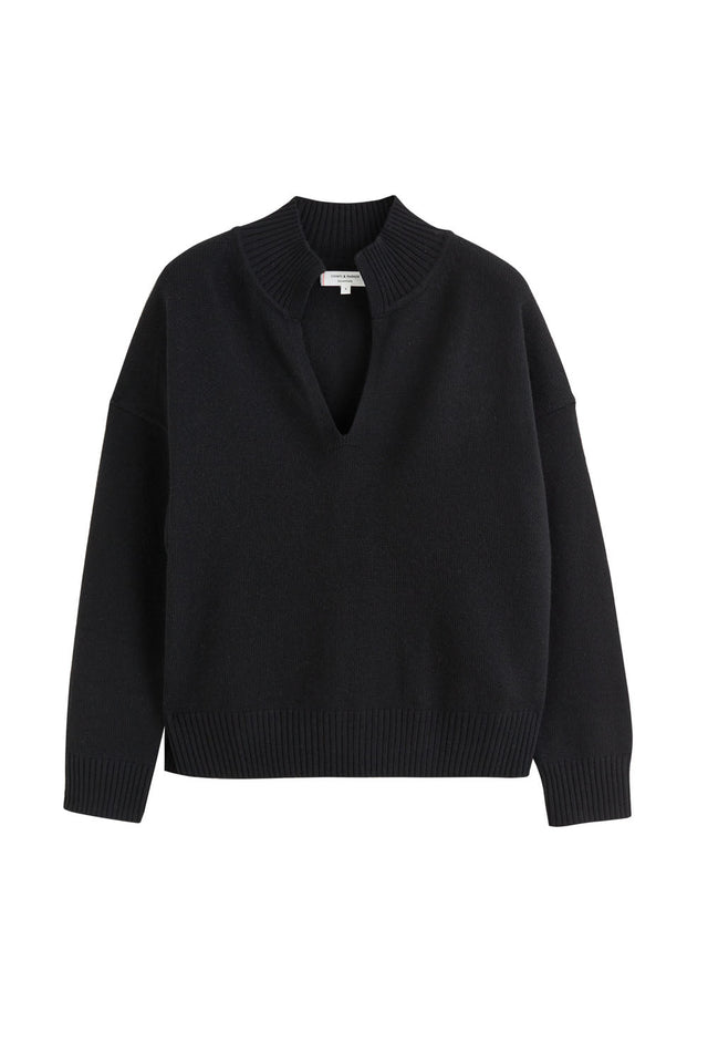Black Pure Cashmere V-Neck Funnel Sweater image 2