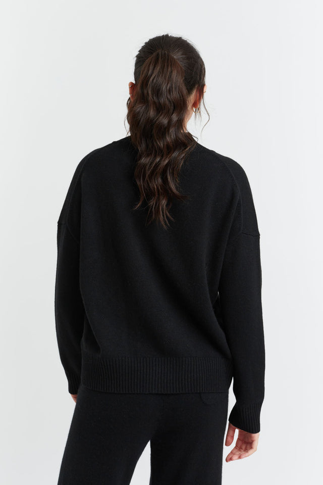 Black Pure Cashmere V-Neck Funnel Sweater image 3