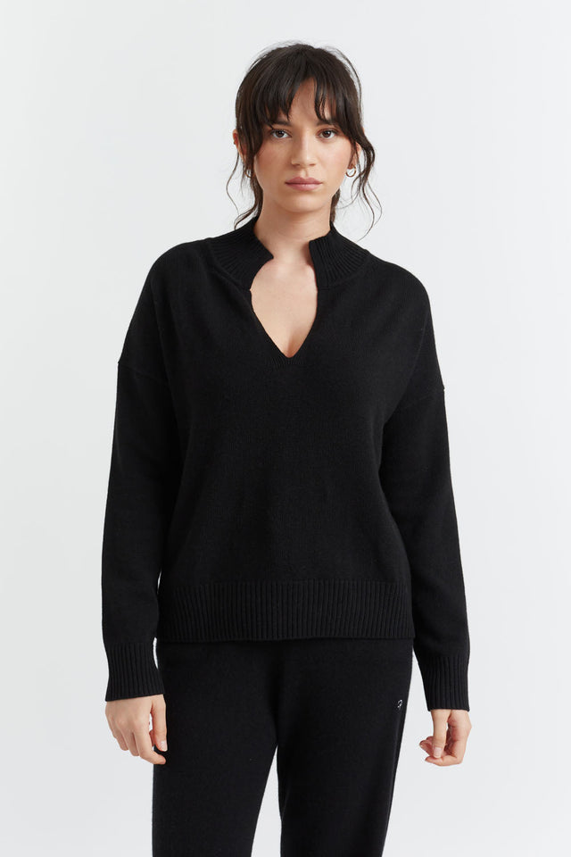 Black Pure Cashmere V-Neck Funnel Sweater image 5