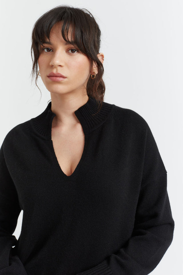 Black Pure Cashmere V-Neck Funnel Sweater image 4