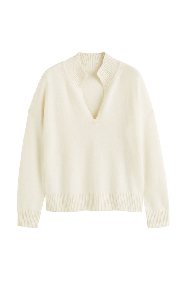 Cream Pure Cashmere V-Neck Funnel Sweater image 2