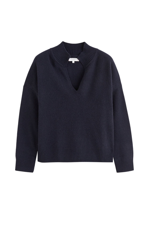Navy Pure Cashmere V-Neck Funnel Sweater image 2