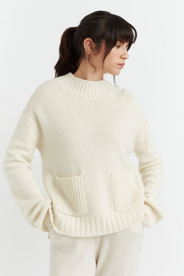Cream Pure Cashmere Patch Pocket Sweater image 4