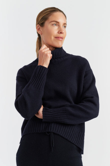 Navy Pure Cashmere Relaxed Rollneck Sweater