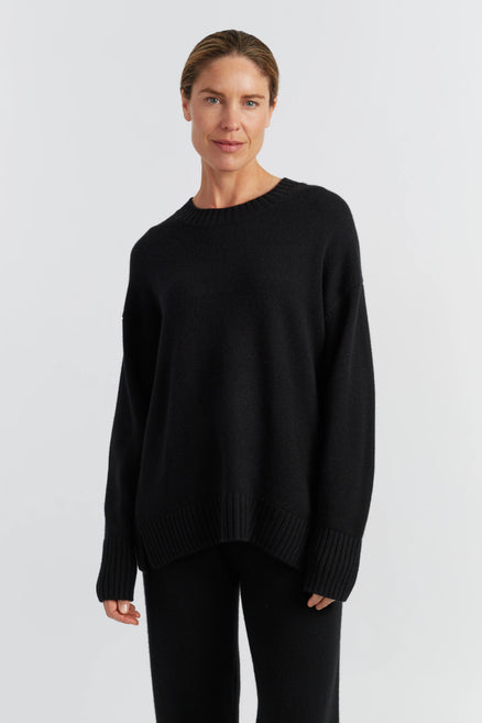 Black Pure Cashmere Chunky Crew Neck Sweater