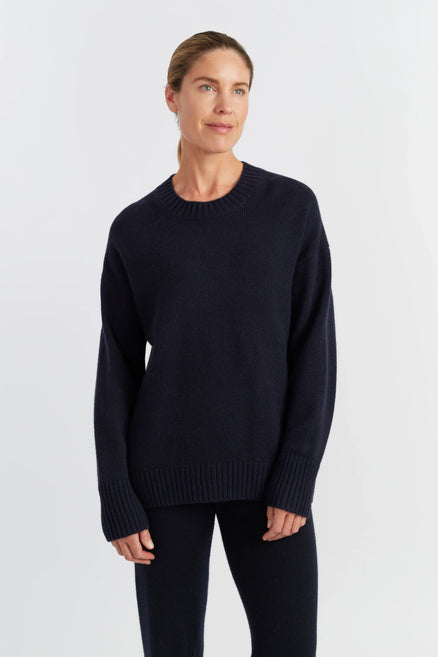 Navy Pure Cashmere Chunky Crew Neck Sweater
