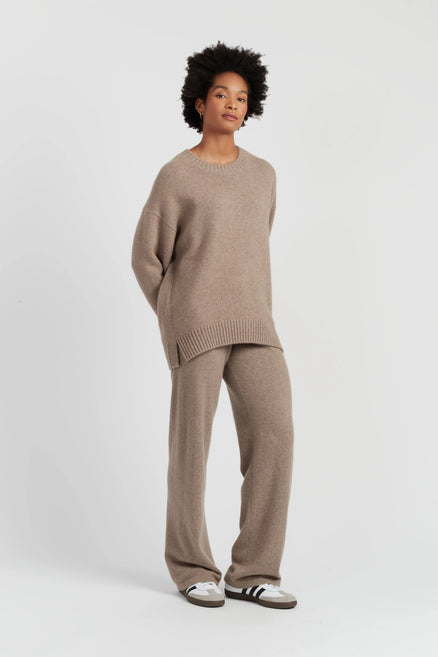 Warm-Oatmeal Pure Cashmere Chunky Crew Neck Sweater