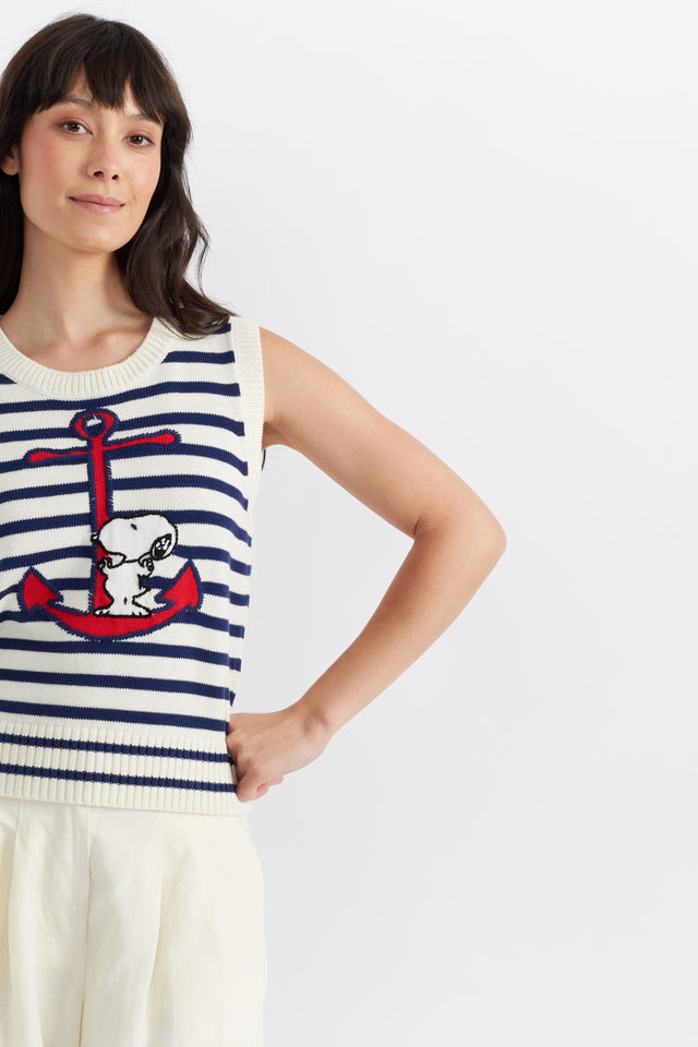 Cream-Navy Cotton Snoopy Anchor Tank image 4