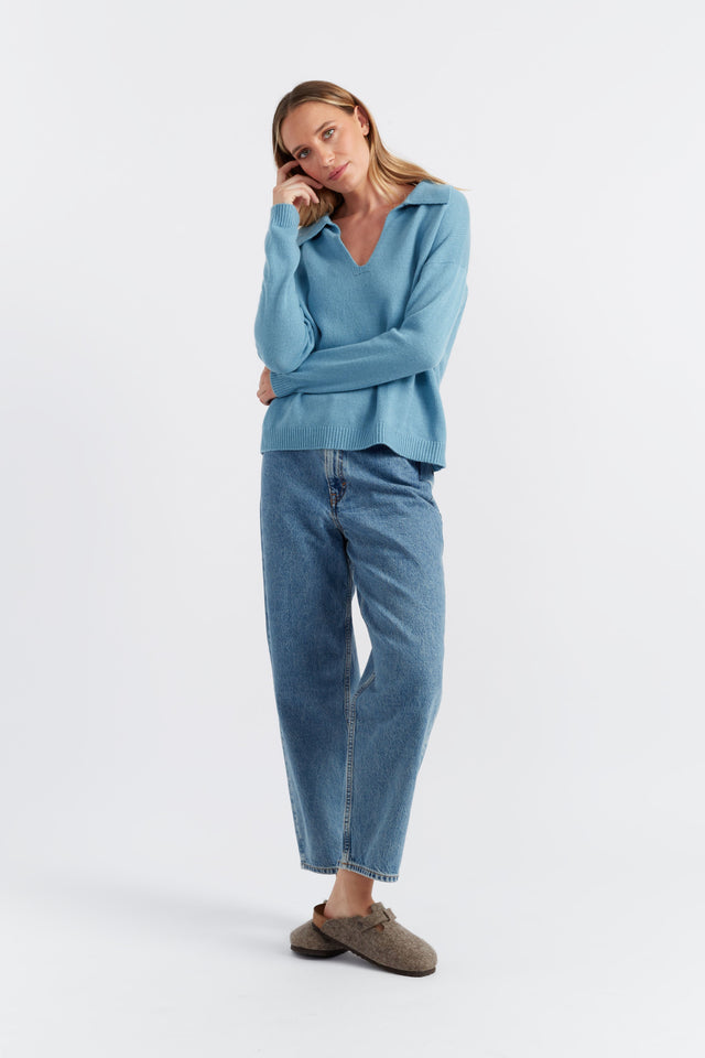 Sky-Blue Cloud Cashmere Collared Sweater image 5