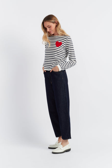 Cream-Navy Merino Heart Breton Sweater